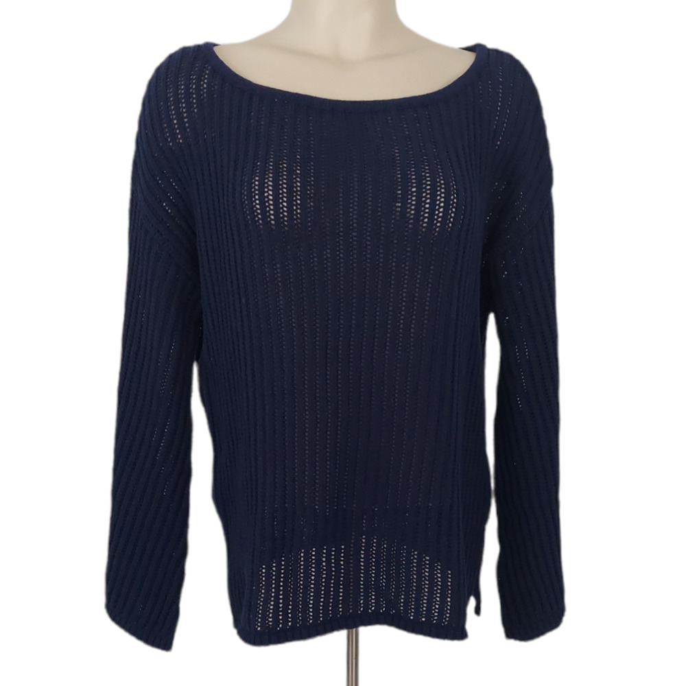 Jamison Open Knit Pullover Sweater Tunic Sz S Cotton Navy Blue Bell Sleeve